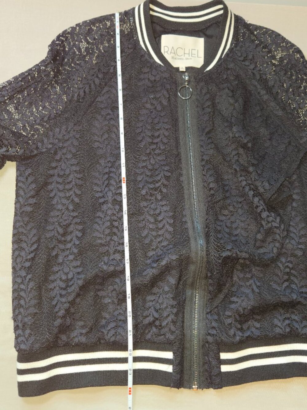 RACHEL ROY Lace Bomber Jacket. sz XL. Long Sleeve Zip Front Striped Trim Ruffle - Picture 15 of 16